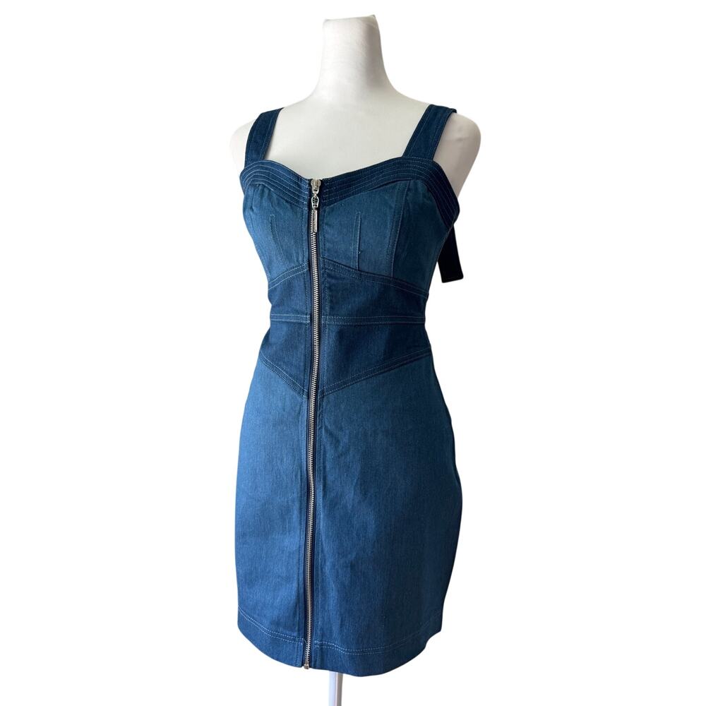 Betsey Johnson Blue Denim Full Zip Sweetheart Neck Bodycon Overall Mini Dress - Picture 2 of 10